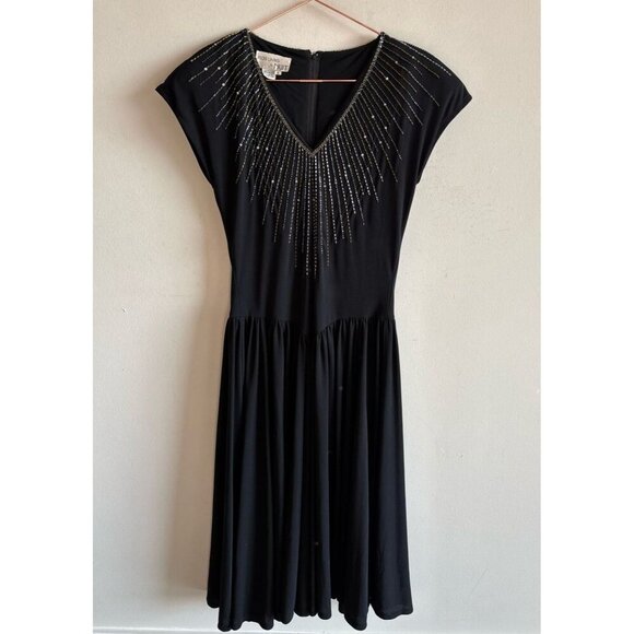 VTG Ricki Lang for Nuit Womens Black Party Dress V Neck Beaded Midi Swing Size 8 - Picture 1 of 7